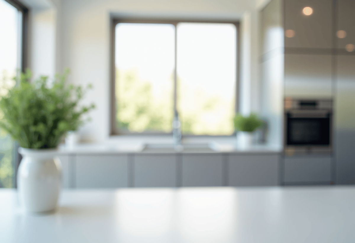Professional technician inspecting a modern kitchen appliance in a clean home setting.