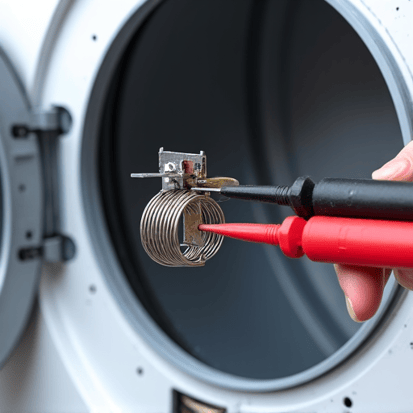 Professional appliance repair service checking the heating element inside a broken clothes dryer unit.
