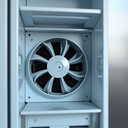 Refrigerator noise and vibration repair service in Elk Grove. Technician checking condenser fan motor for excessive noise or rattling.