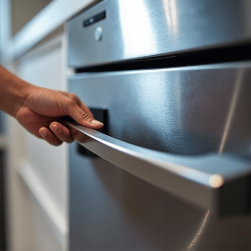 Expert dishwasher repair technician diagnosing a modern stainless steel dishwasher in a Rancho Cordova kitchen.