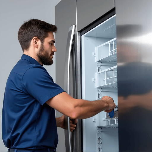 Expert appliance repair technician in Elk Grove diagnosing a modern refrigerator issue.
