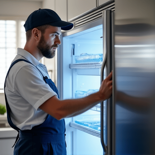 Expert appliance repair technician diagnosing a modern refrigerator issue in a Sacramento home.