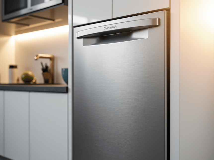 Expert dishwasher repair technician inspecting a modern stainless steel dishwasher in a Sacramento kitchen setting.