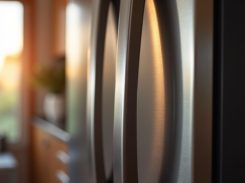 Licensed appliance repair technician examining a modern refrigerator in a clean Sacramento home kitchen setting for diagnostic assessment.