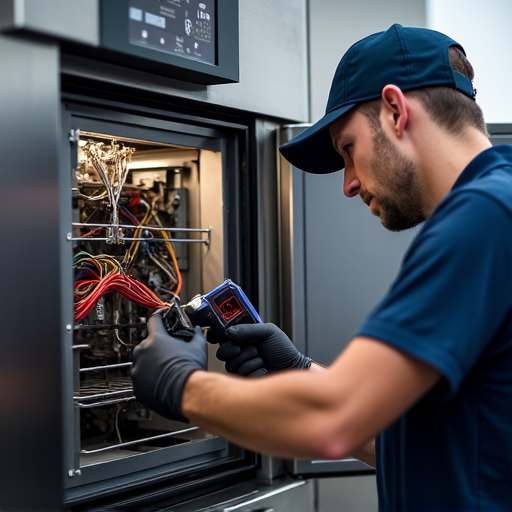 A professional technician inspects the complex control board of a high-capacity commercial dishwasher, emphasizing expert troubleshooting for restaurant equipment.