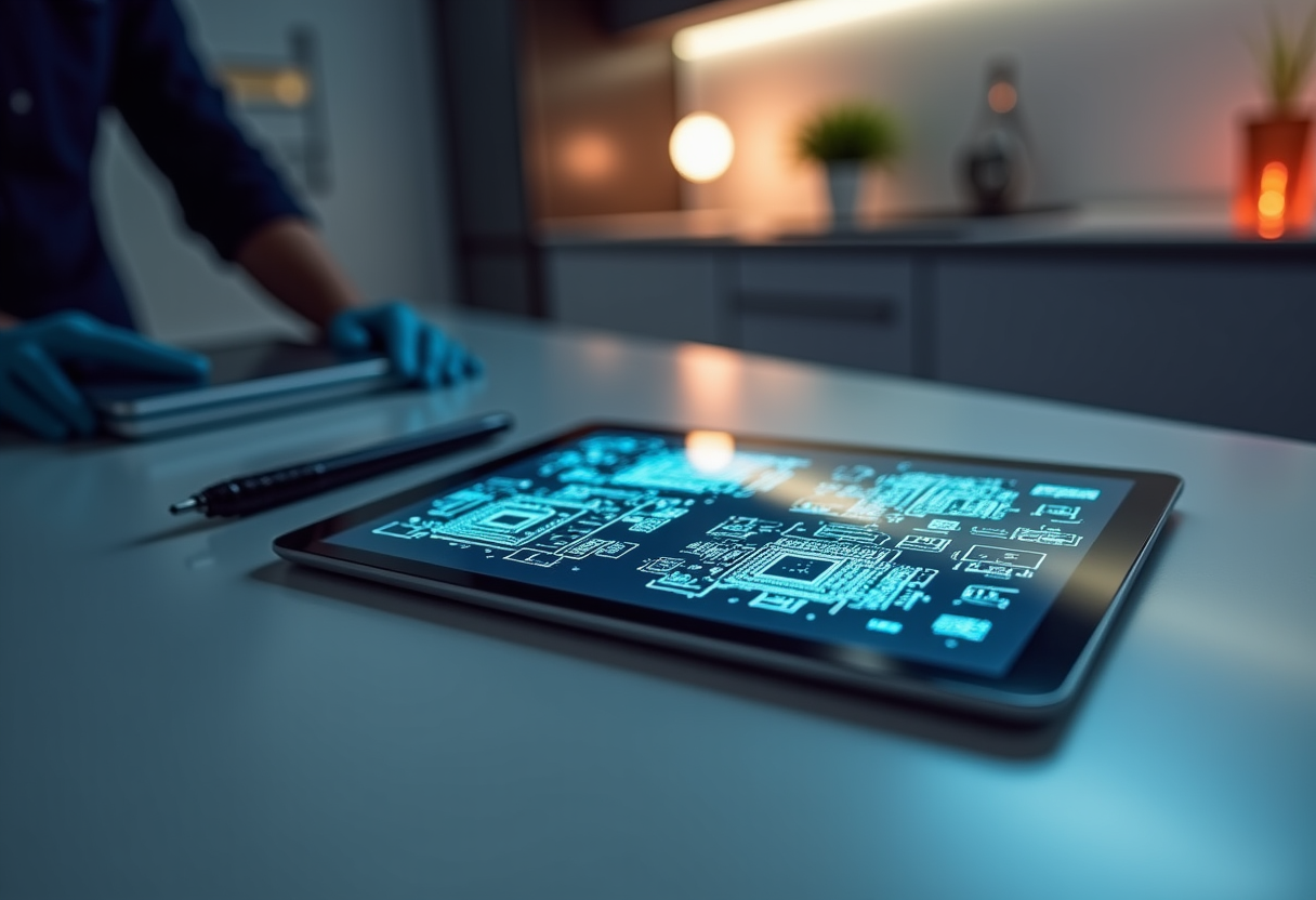 Expert technician diagnosing a high-tech washing machine control board with diagnostic tablet, symbolizing fast error code resolution in Sacramento.