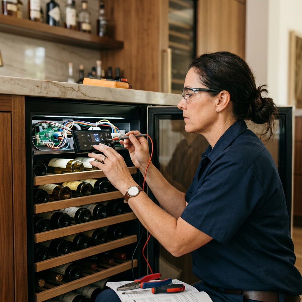 Technician inspecting the digital control panel and thermostat of a luxury wine cooler during service.