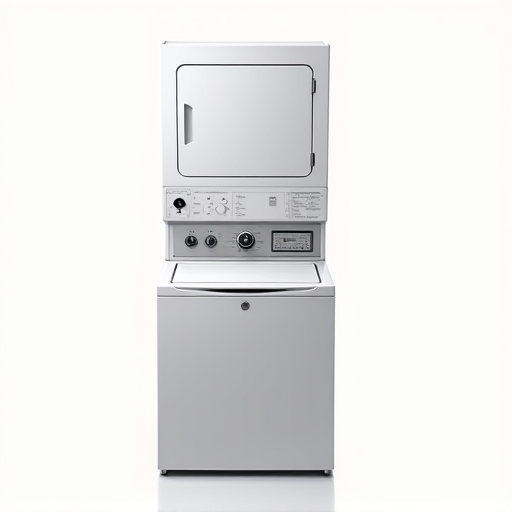 Licensed technician performing specialized repair on a compact stackable washer and dryer unit in a narrow Sacramento laundry closet.