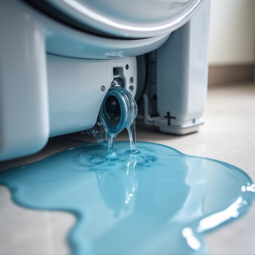 Interior view of a compact laundry closet in a multi-story Folsom development showing a fixed water supply line on a Samsung washer. Focus on preventing further water damage.