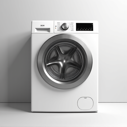 A licensed technician inspecting the drum of a modern white front-load washing machine for repair.