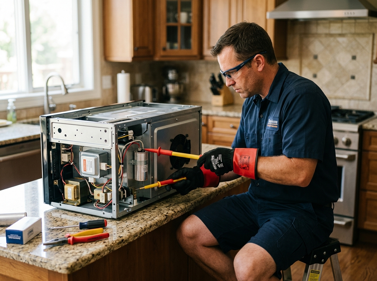 Licensed technician safely addressing high-voltage capacitor issues in a microwave.
