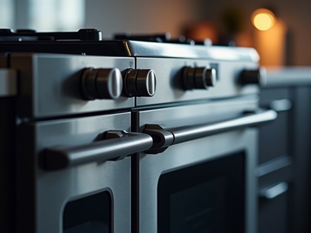 Licensed appliance repair technician working on an oven unit in a modern kitchen.