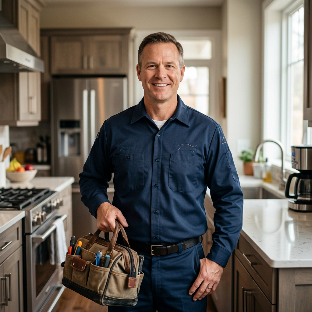 Certified technician showcasing credentials for luxury appliance repair service in Sacramento area.