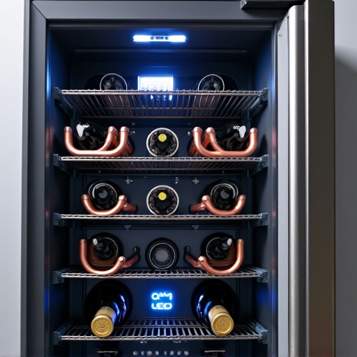 Licensed technician inspecting the dual-zone cooling system and compressor area of a built-in wine refrigerator.