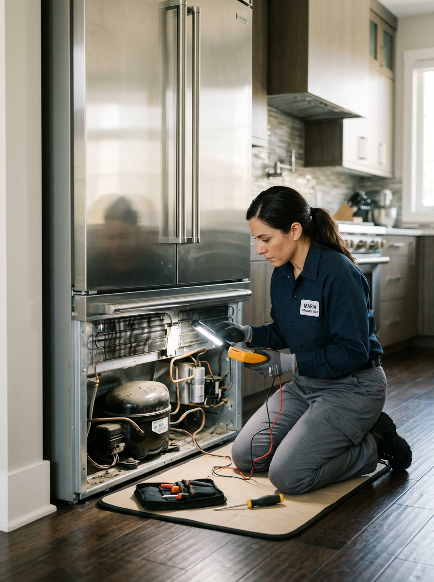 Licensed technician inspecting a modern refrigerator compressor bay for diagnostics.