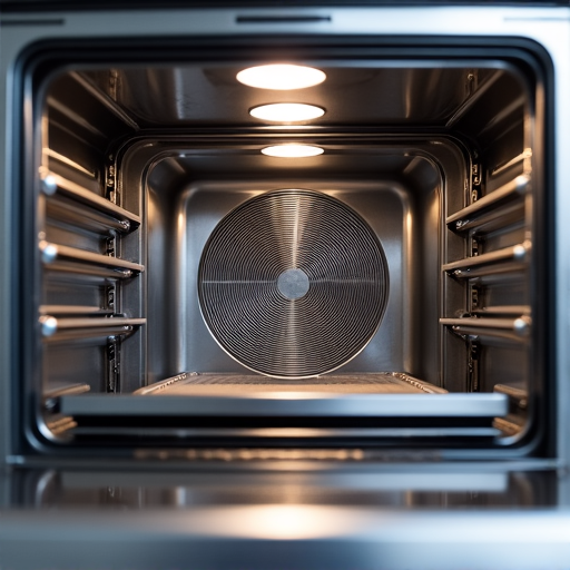 Licensed technician inspecting the convection fan motor inside a Viking oven during professional repair.