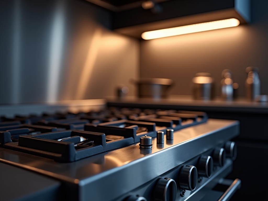 Licensed technician professionally inspecting a high-end kitchen range in a modern home.