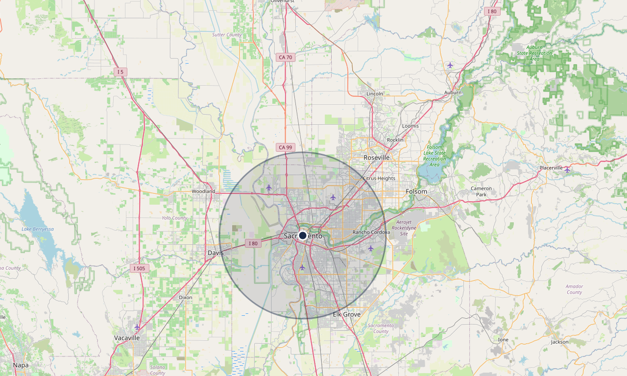 Map showing Luxe Appliances Repairs 24/7 service coverage across Sacramento, Arden-Arcade, Land Park, and surrounding suburbs for immediate appliance repair needs.