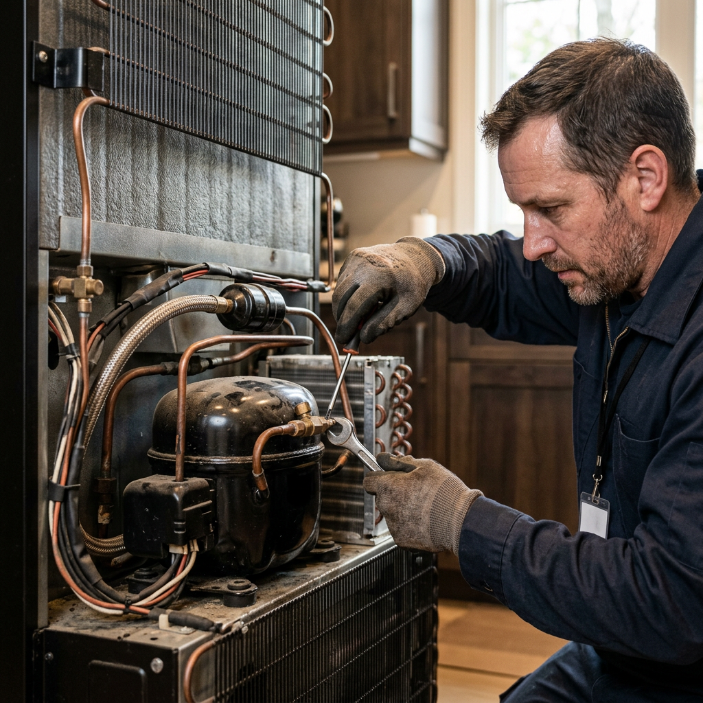 Close-up view of a technician working on a high-end wine refrigerator compressor unit for replacement.