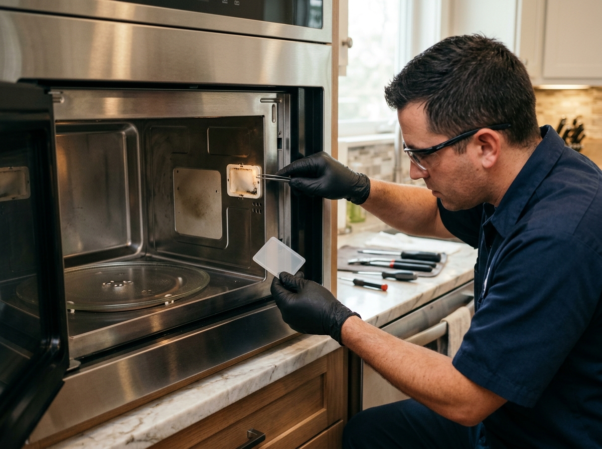 Technician safely repairing microwave sparking inside due to waveguide cover damage.