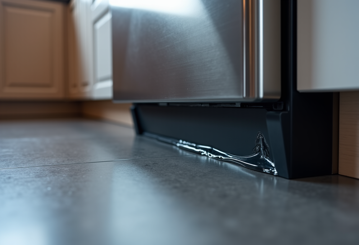 Modern Sacramento kitchen with a visible minor leak under the dishwasher unit, indicating urgent repair is needed for water damage prevention.