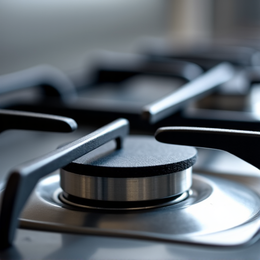 A close-up view of a modern gas range burner being repaired by an insured appliance technician.