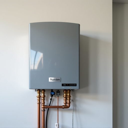 Close-up of a modern Navien tankless water heater installation in Carmichael, showing clear pipework connections and professional installation.