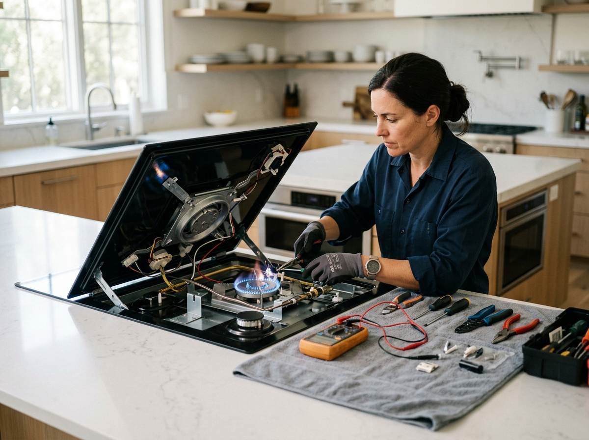 Technician repairing a smooth glass cooktop, ensuring precision burner ignition after maintenance. Expertise in both gas and electric cooktop diagnostics and repair services.