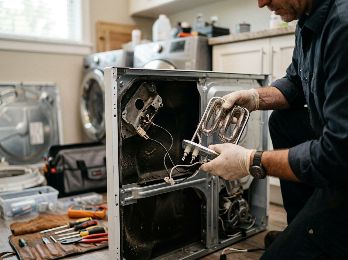 Close-up of a dryer heating element replacement being completed by a Luxe Appliances Repairs technician. This repair ensures efficient drying cycles for humid Carmichael areas near Dewey Dr.