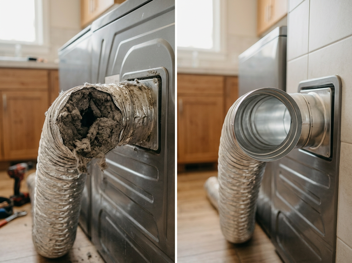 Before and after comparison of a dryer duct showing severe lint obstruction and the fully cleared vent system after professional service in Carmichael.