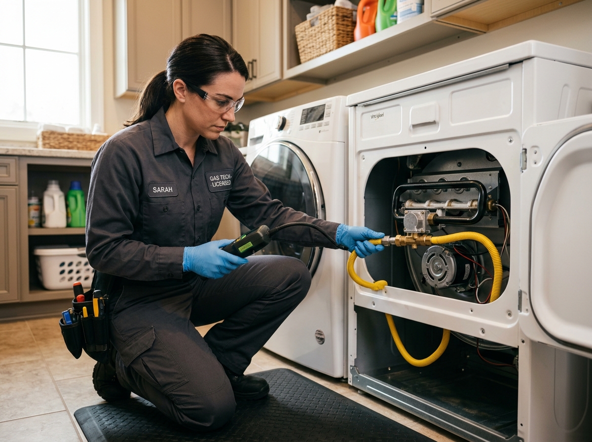 Professional gas dryer repair service in Carmichael, CA being performed by a licensed technician. The image shows a technician inspecting the gas line connections inside a dryer unit, ensuring safety protocols are met near Shelfield Park.