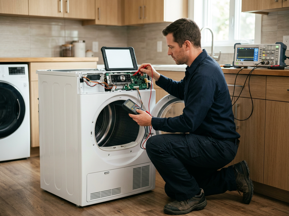 Licensed technician using advanced diagnostic equipment to troubleshoot a complex electrical issue on a modern dryer unit in Carmichael.