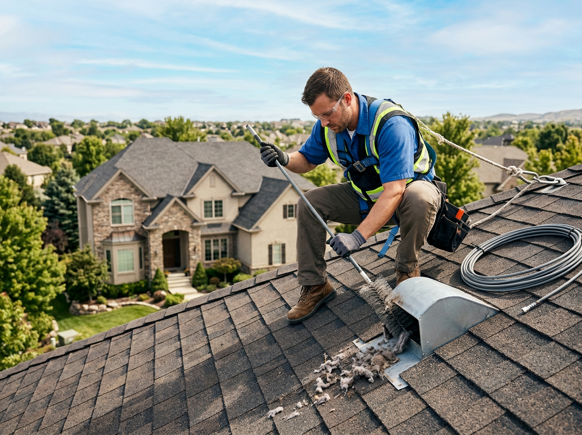 Technician performing professional dryer vent cleaning service on a multi-story Carmichael home. The image focuses on the roof vent where the technician uses specialized tools to remove lint buildup for optimal airflow.