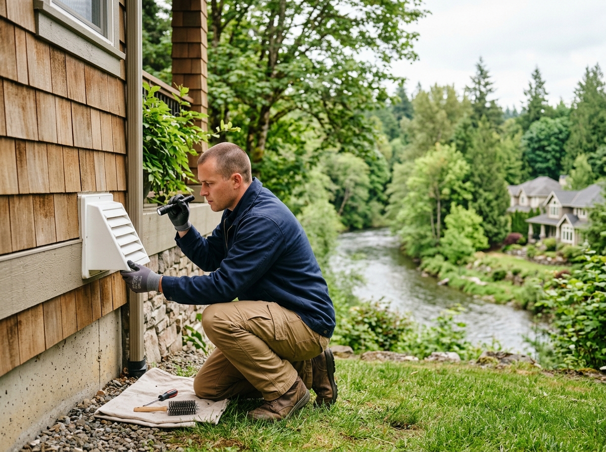 Luxe technician inspecting exterior dryer vent termination points prone to high humidity buildup common in Carmichael areas near the American River.