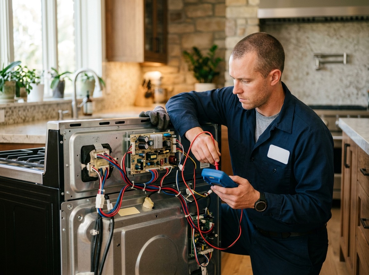 Repair of a modern electric range in Citrus Heights showing diagnosis of faulty electronic control board. Quick onsite replacement ensures minimal downtime for critical cooking appliance.