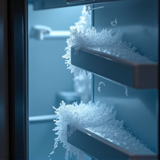 Close-up view of significant frost and ice buildup inside a malfunctioning residential freezer unit awaiting assessment by a licensed technician.