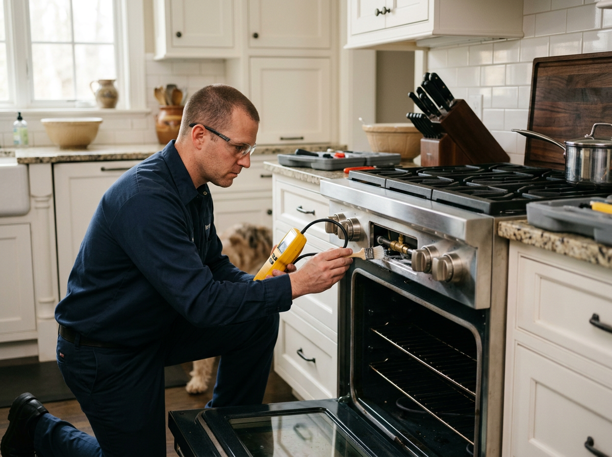 Certified gas oven repair technician performing a critical gas leak test in a Citrus Heights residence. Ensuring all pilot lights and connections meet strict safety standards before concluding service.