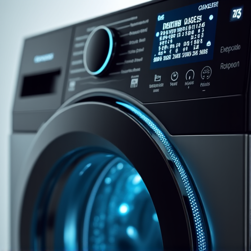 Expert technician diagnosing error codes on an advanced High-Efficiency (HE) washing machine in a Roseville home. The technician is using professional diagnostic tools.