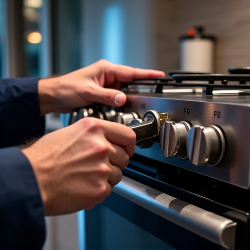 A licensed technician expertly repairing a gas range in Folsom shortly after sunset. Focus on safety and swift restoration of essential cooking appliance functions.