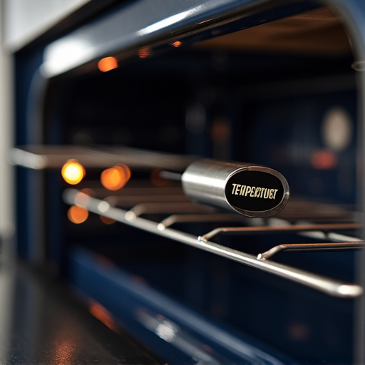 Technician confirming temperature accuracy on a gas oven using calibrated external thermometer following sensor replacement.