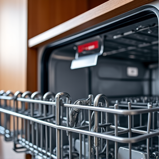 Luxe Appliances expert carefully inspecting a Bosch dishwasher for leaks in a granite countertop kitchen in Folsom. The focus is on detailed troubleshooting to resolve water pooling issues common in the area.