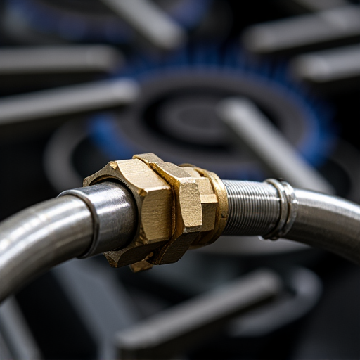 Safety inspection in process on a gas line connection to a range, verifying zero leaks using professional detection equipment.