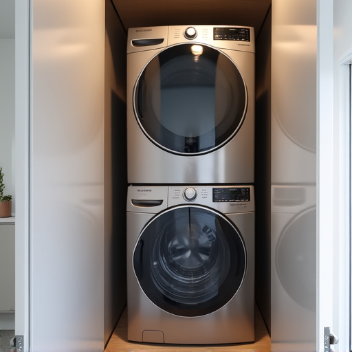 Licensed technician performing expert stackable washer repair in a compact Midtown Sacramento laundry closet with floor protection.