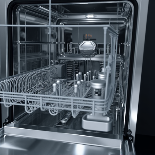 Close-up of a technician inspecting complex internal components of a modern dishwasher, showing focus on high-end appliance repair quality in Sacramento.