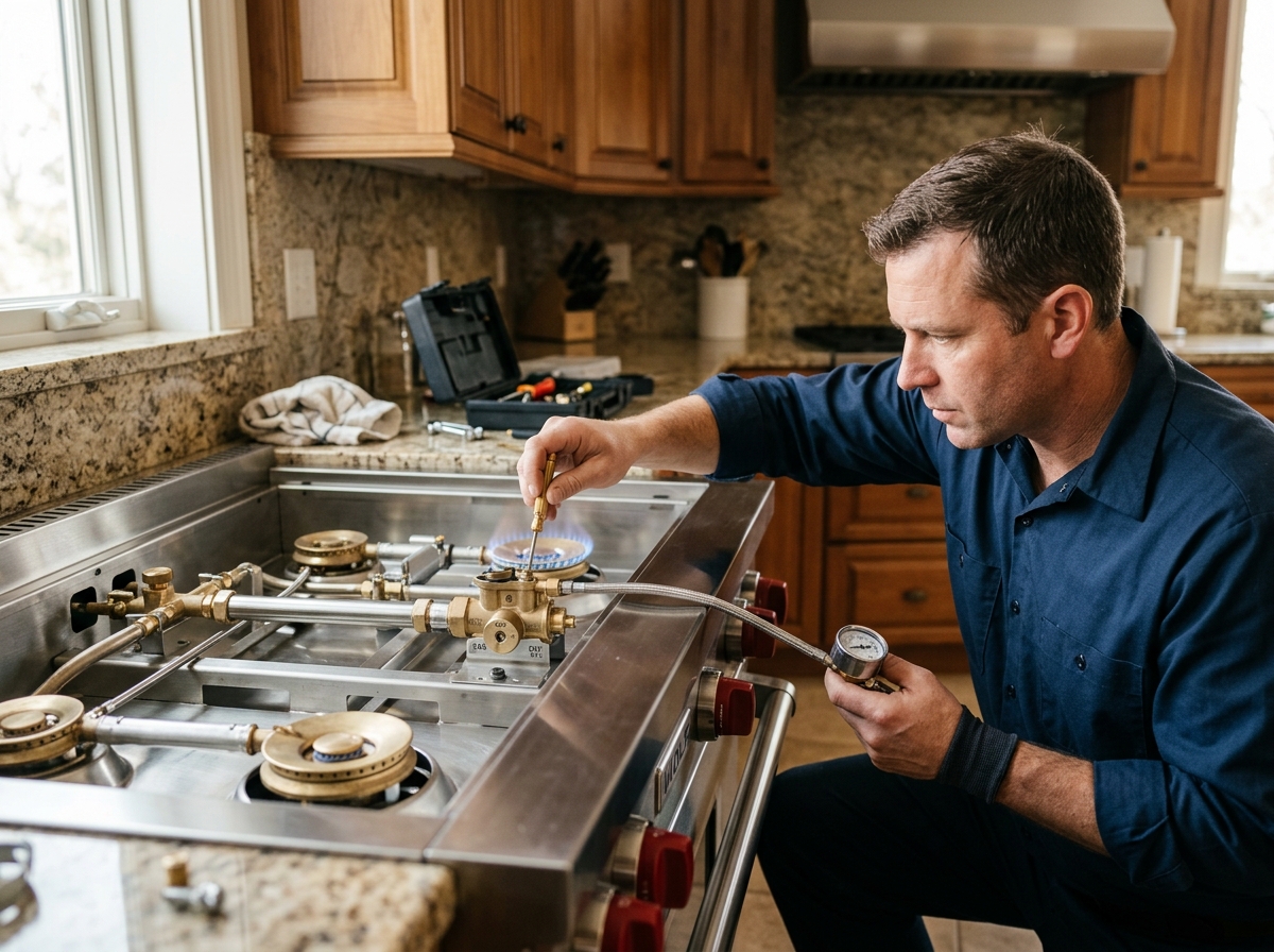 Expert Viking Range Repair in Citrus Heights, CA. Professional technician servicing a high-end Viking gas range, showcasing meticulous gas valve inspection and calibration for optimal performance and safety.