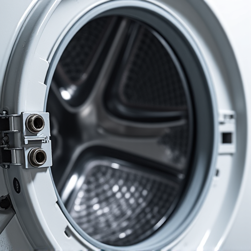 Technician inspecting or replacing broken or worn shock absorbers and dampeners that caused severe vibration noise in a front-load washing machine serviced in the local area.