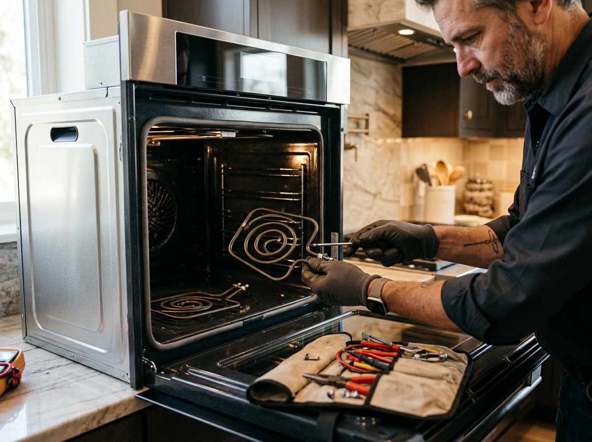 Same-day repair of a Wolf convection oven in Citrus Heights, CA. Close-up showing replacement of heating element under the supervision of a licensed technician.
