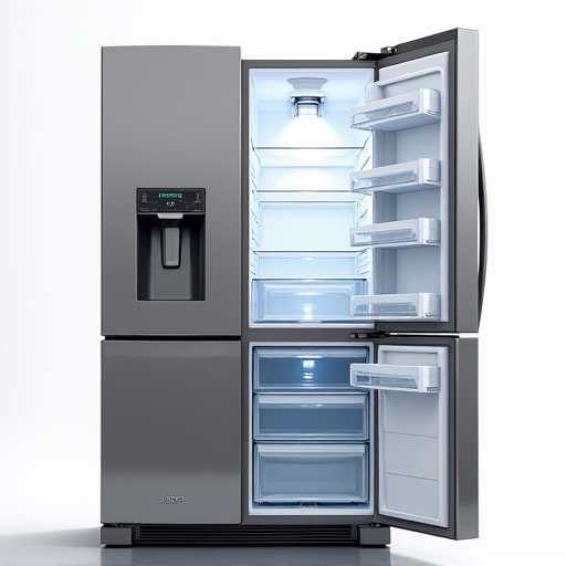 Expert technician diagnosing a modern refrigerator repair issue in a North Highlands kitchen.