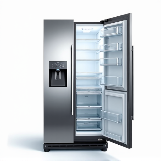Technician inspecting the interior components of a modern French door refrigerator for repair in West Sacramento.