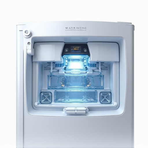 A technician carefully diagnosing the internal mechanism of a Samsung French door refrigerator ice maker module.